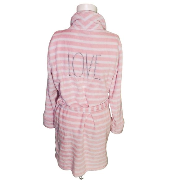 Rae Dunn Women's Striped Fleece Embroidered Graphic "LOVE" Robe Pink sz S - Picture 7 of 10